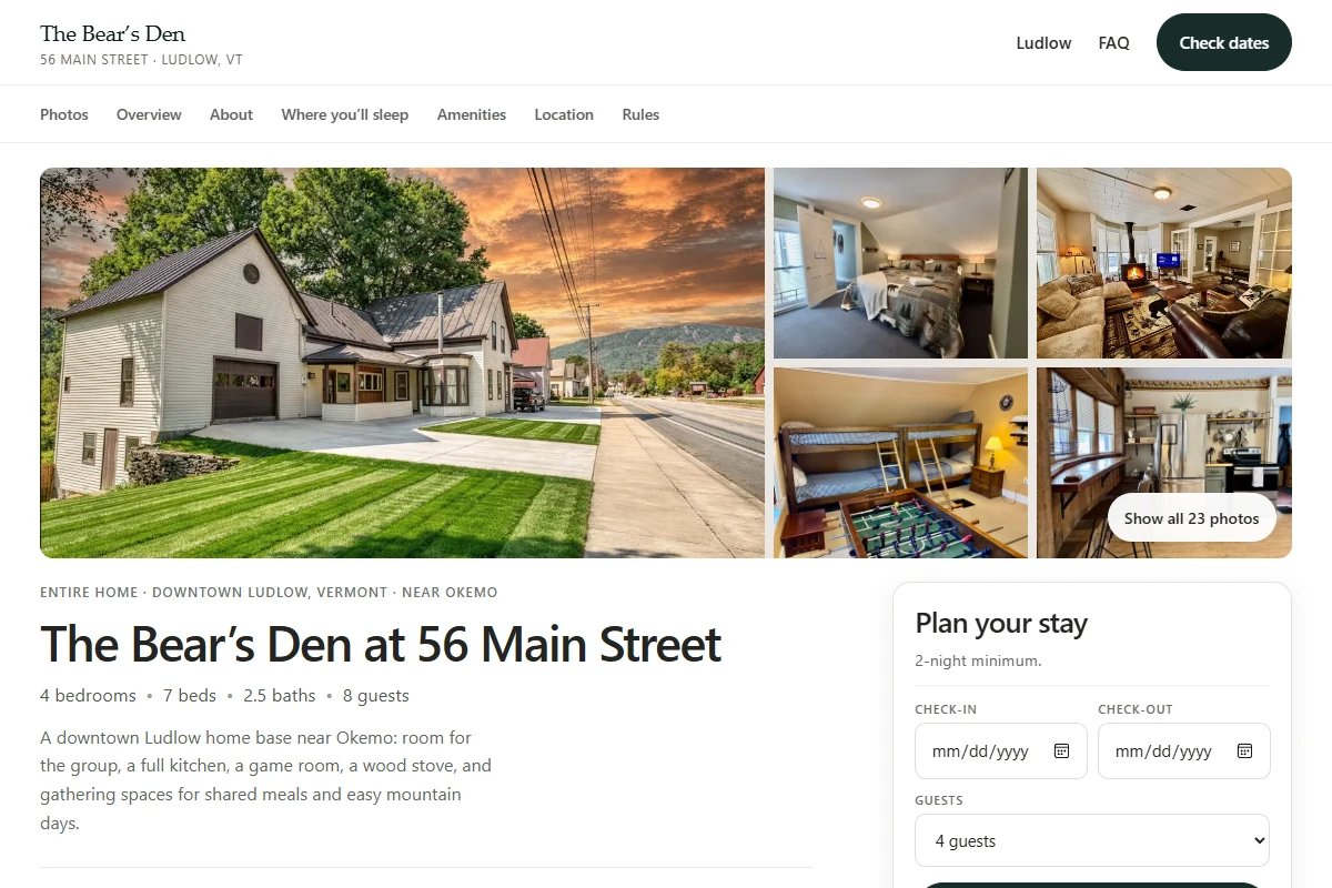 The actual Bear’s Den website showing property photos and a stay-planning form