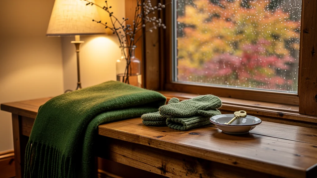 Keys and mittens set beside a warm lamp