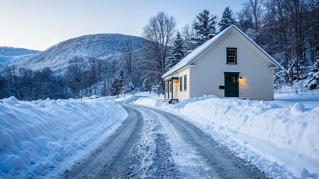 A cleared approach to a snowy Vermont-style home
